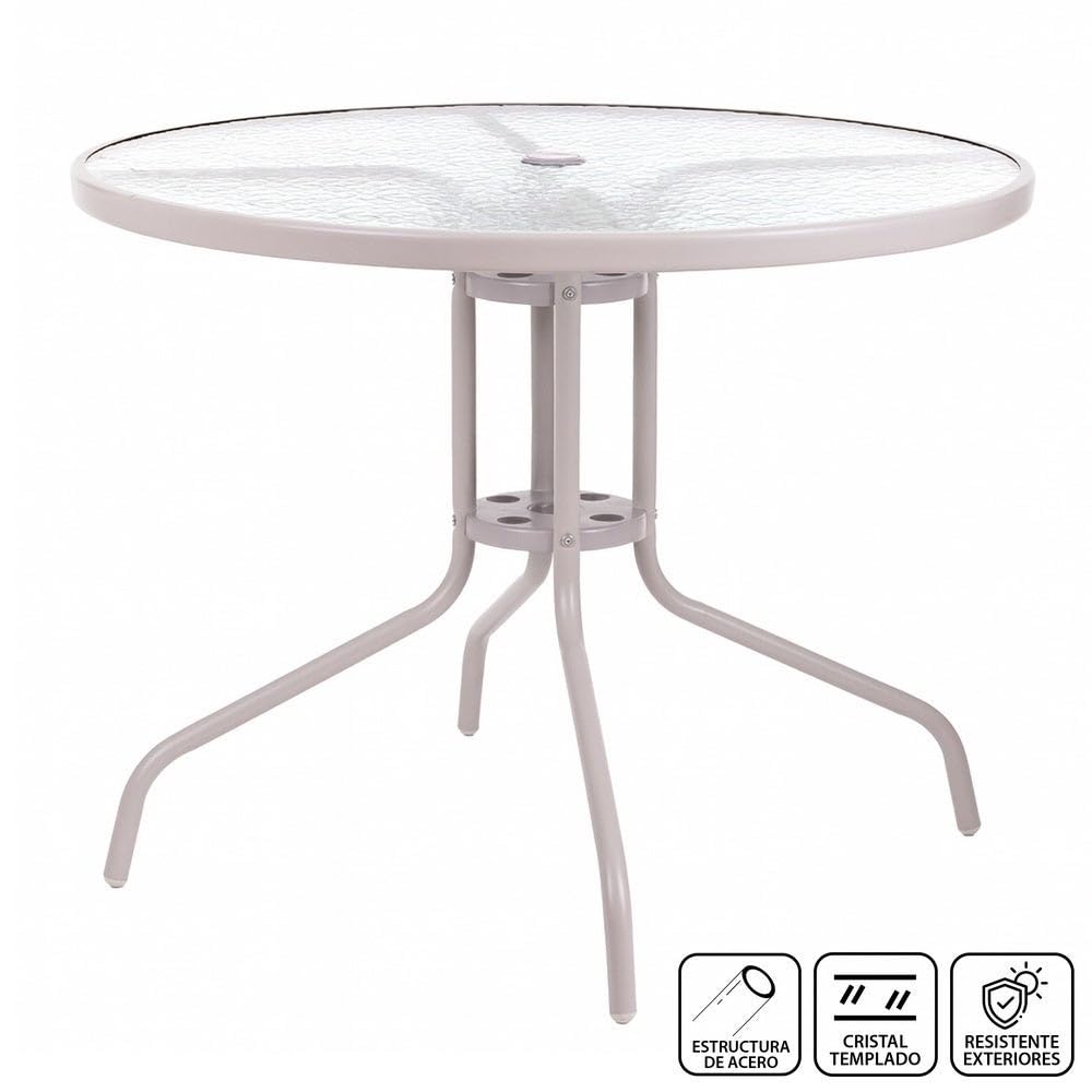 MONTY Mesa de Jardín Redonda Ø 90 cm de Acero Arena con Tablero de Cristal Templado 5mm | Pintura Anticorrosión, Uso Exterior | para 4 Personas | Requiere Montaje | Classic