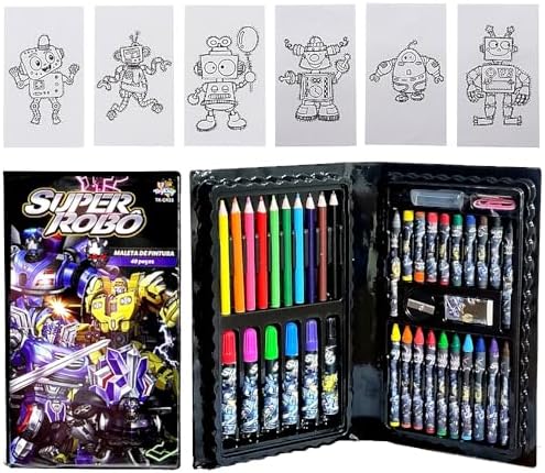 Maleta de Pintura Canetinha Lápis Giz Robôs Transforme 48 Peças