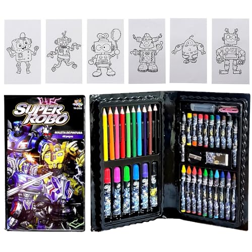 Kit Colorir Maleta Super Robôs Lápis Giz e Acessórios 48 Peças Kit de Pintura