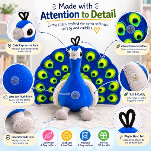 Image of Chi-Chimpu Toyss Sitting Peacock Soft Toy 25cm | Cute Blue Peacock Plush Stuffed Toy for Kids | Soft & Cuddly Bird Toy | Decorative Peacock Toy | Birthday Gift for Boys & Girls