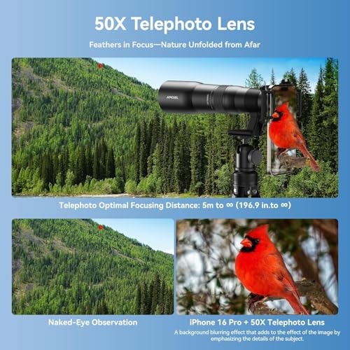 Image of APEXEL 50x HD Telephoto Lens for iPhone & Android | Aluminum Alloy + ABS | Shoot Wildlife, Moon, Landscapes & Targets | Includes Universal Phone Clip & Tripod