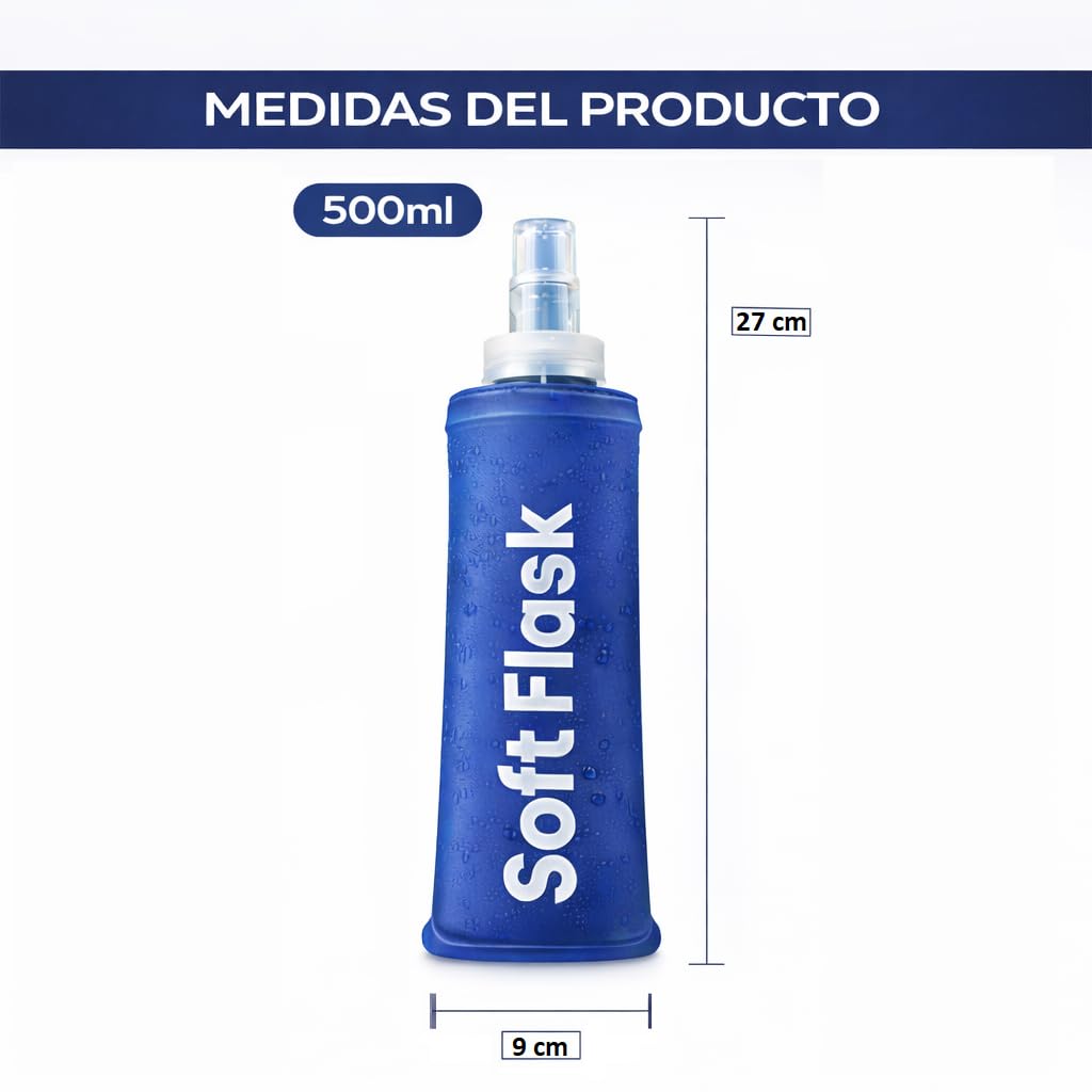 Botella Plegable - Pack 2 Unidades Soft Flask TPU BPA Free - Bidón Agua Trail Running Flexible Silicona – Botella Hidratación para Chaleco Running, Senderismo, Ciclismo (Azul, 500 ML) — view 3