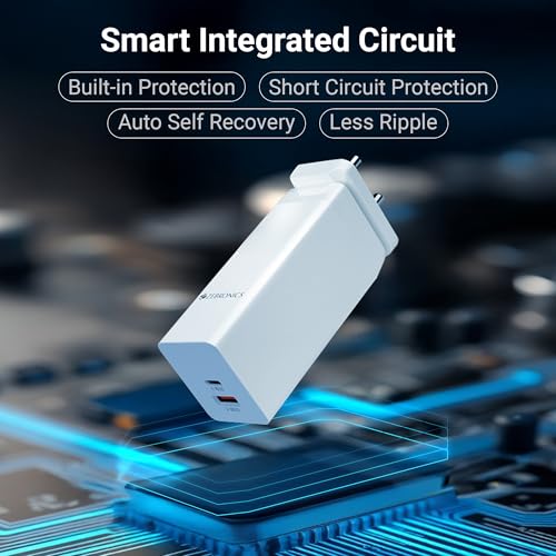 Image of ZEBRONICS RC30B,100W, Gan Charger,Dual-Ports (Type C & USB 3.0),PD 3.0 (PPS) Compact Design, Built in Protections,Smart IC,Detachable Plug,Compatible for iPhone,Android & Laptop, White
