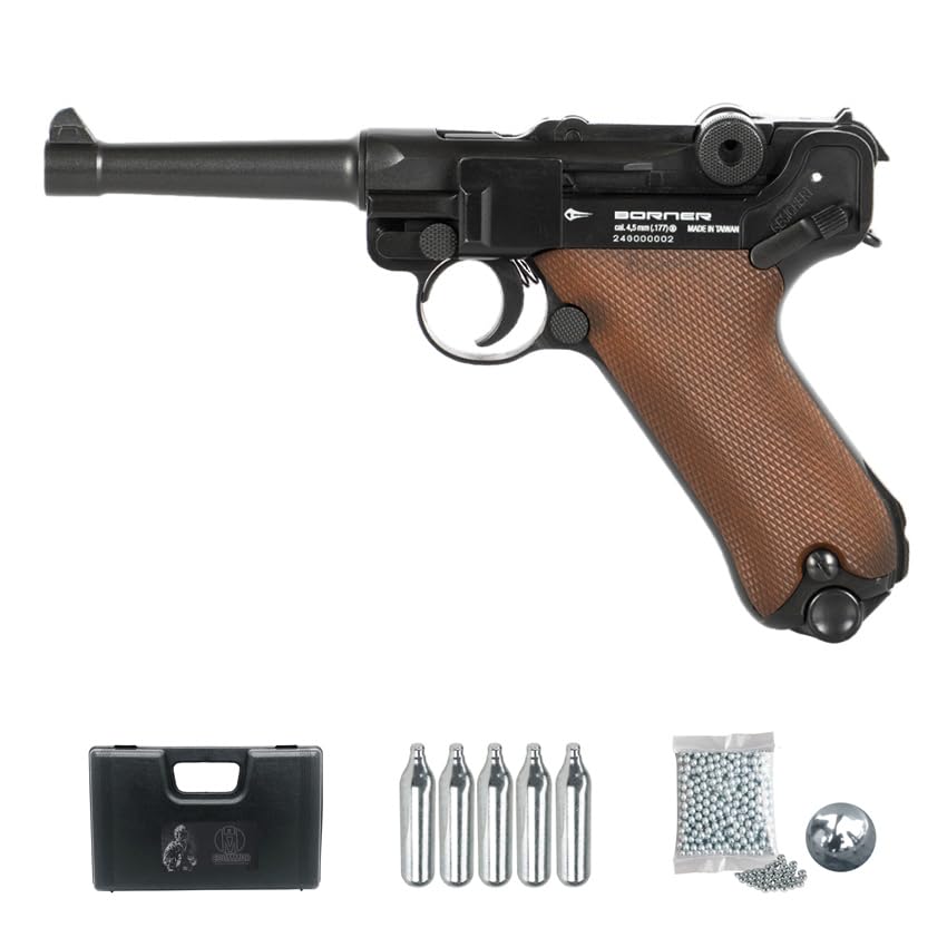 Borner P08 Blowback (4,5mm) | Pack Pistola de balines (Bolas de Acero BB's + maletín + 5 Cargas). Arma de Aire comprimido Calibre 4,5mm