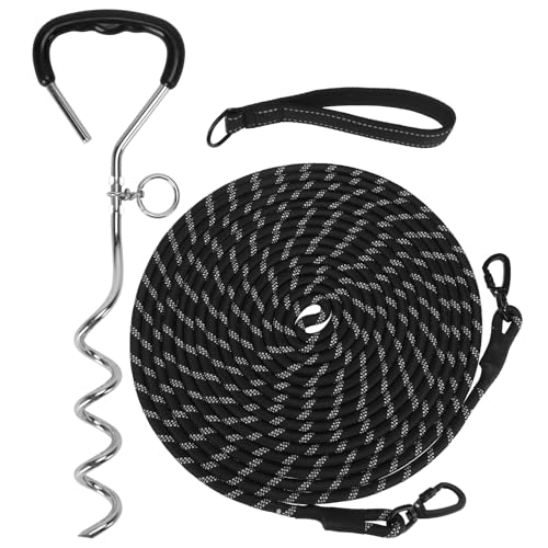 Image of Mihachi Dog Tie Out Stake and Long Dog Leash, Reflective Recall Training Lead Leash with Removable Handle, 15.8in Ground Stake, Ideal for Yard, Camping and Beach, Suitable for Large Dogs, Black 30FT