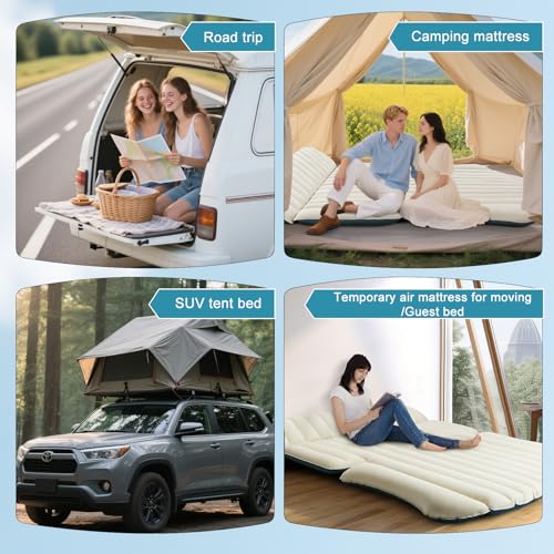 Ciremiv Auto Matratze mit Doppelseitiger, Dicker Beflockung,Auto Luftmatratze mit Pumpe und Eingebautem Kissen/Auslaufsichere, Bequeme, Langlebige Autobett,Car Bed für Autocamping, Roadtrip