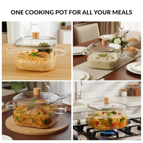 Image of Nestasia Borosilicate Glass Cooking Pot with Glass Lid (2200 ml) - Square Casserole with Air Vent Lid on Gas Stove | Microwave & Dishwasher Safe Durable Handi for Kitchen