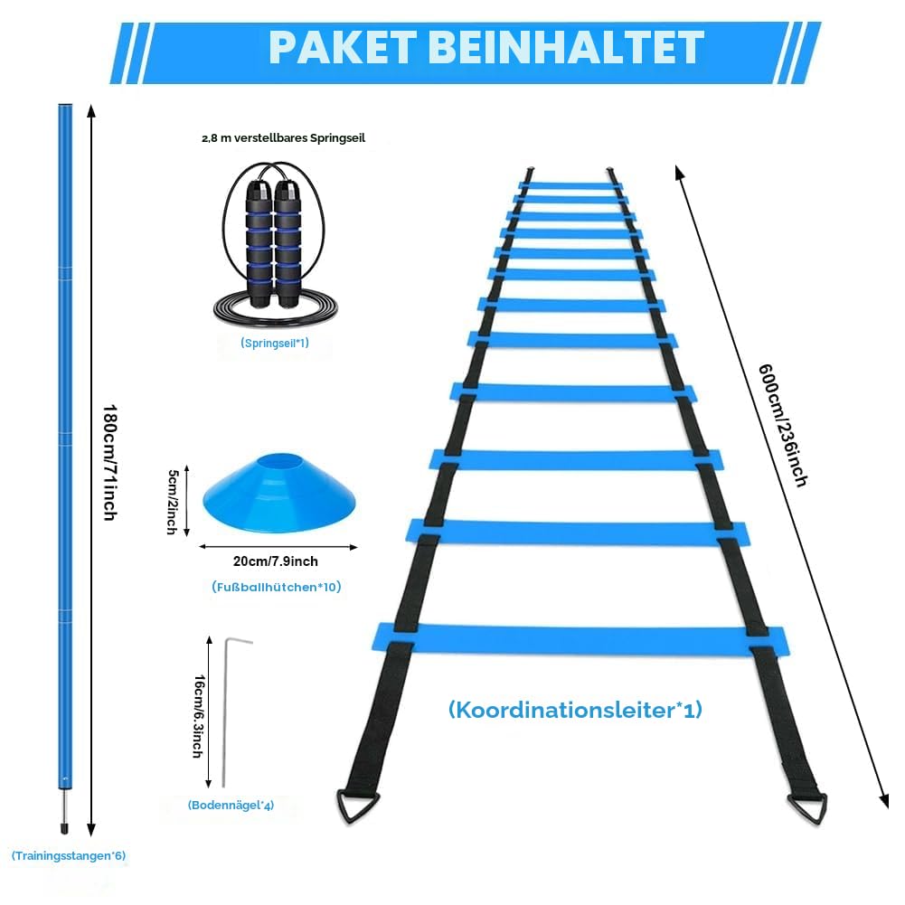 Fußball Agilitäts Slalomstangen Set für Jugendliche und Erwachsene | Fußball Trainingszubehör,Inklusive 6 Agility Training Stangen,10 Fußballkegel,1 Agilitäts Leiter,1 Aufbewahrungstasche