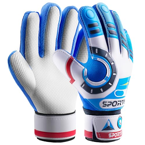 Sportout Guantes de Portero Junior, Guantes de Entrenamiento para niños y niñas, con Doble protección de muñeca y Material de látex Antideslizante Resistente al Desgaste(Blue,6)