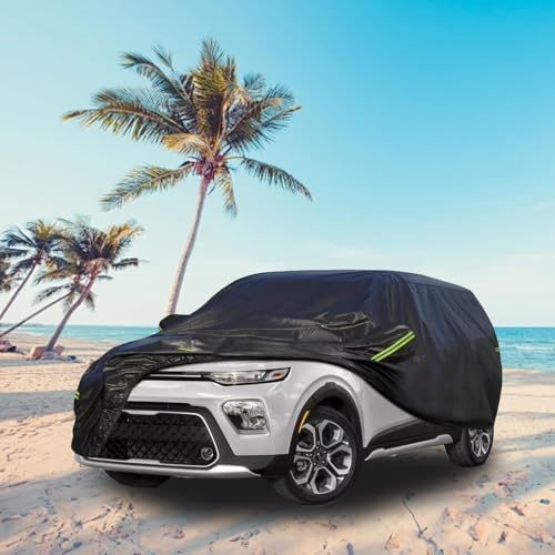Image of KouKou Waterproof SUV Car Cover Suitable for Kia Soul from 2009 to 2025, 7 Layers Heavy Duty Car Cover Waterproof All Weather with Zipper Door for Sun Rain Snow Dust Uv Protection.Black