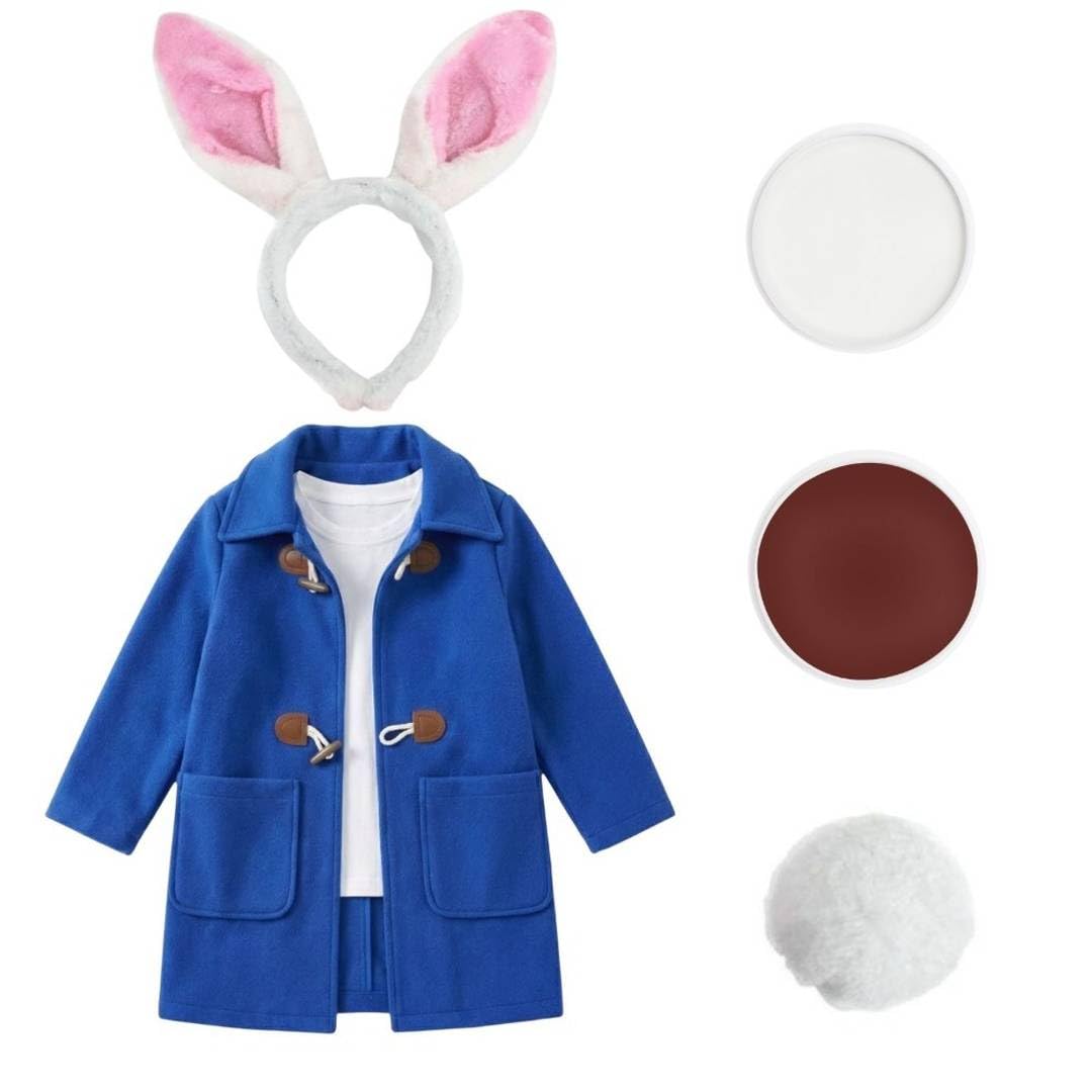 Adventurous Rabbit Set for Kids - 4 Piece Literary Character Outfit - Includes Blue Coat with Toggles, Plush Bunny Ears Headband, Fluffy Tail, and Brown Face Paint - Book Day Fancy Dress Costume