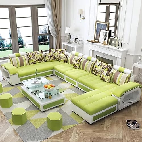 Image of Torque - Silvester 12 Seater Sofa Set for Living Room (Right Side, Lime Green & White) | Interchangeable U Shape Sectional Sofa with Puffy and Stool for Guest Room