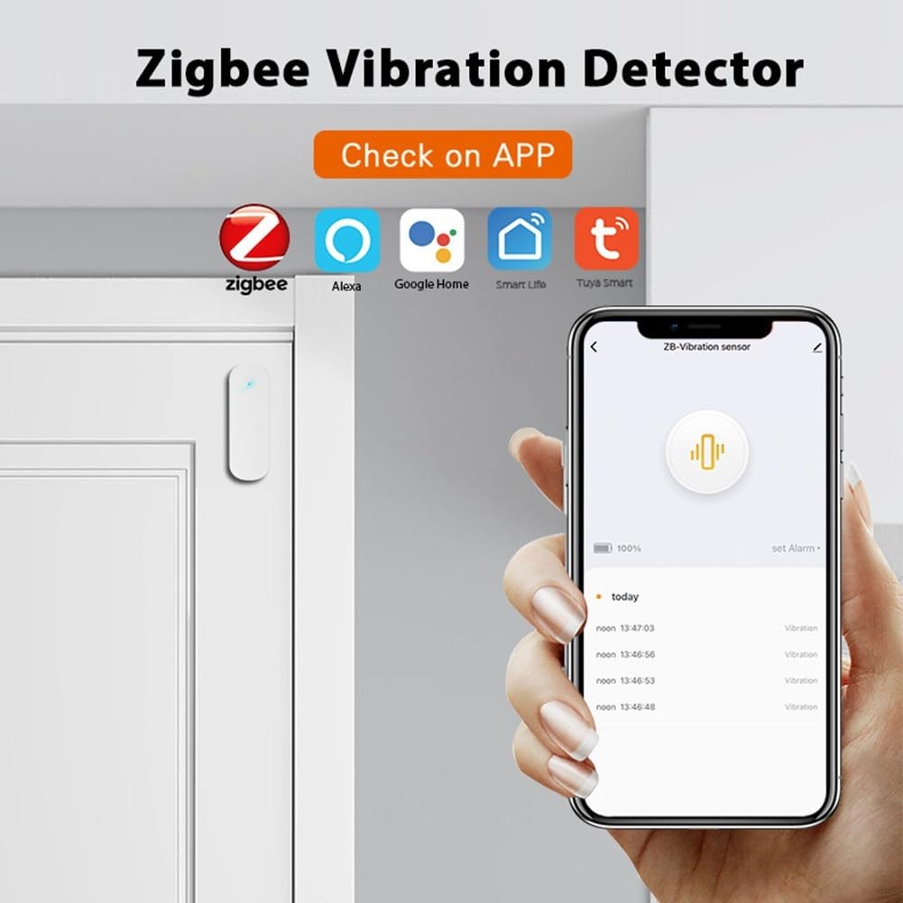 QOXEZY para Tuya Sensor de vibración Inteligente para Puerta, Control de aplicación, de Alarma de Seguridad para el hogar, Alarma antirrobo, Dispositivos Inteligentes para el hogar (4 Piezas)