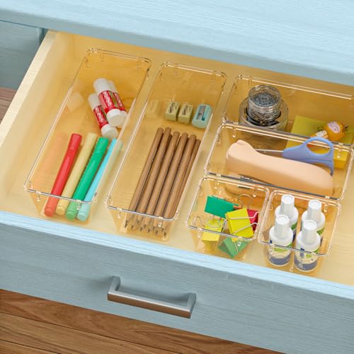 Image of WOWBOX 6 Pack Clear Drawer Organizer Set, Acrylic Drawer Storage Trays, Storage Bins for Makeup, Cosmetics, Jewelries, Utensils, Gadgets, Office, Champagne