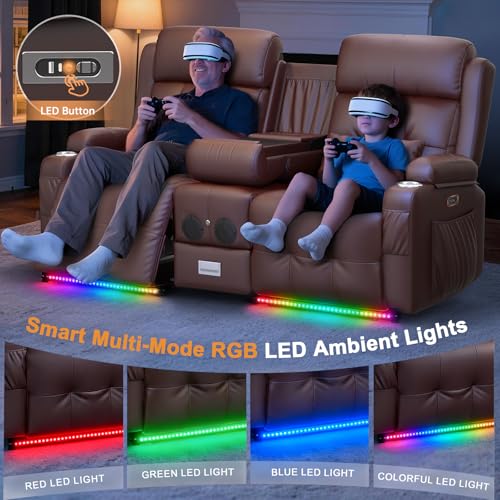Image of Home Theater Seating, Power Loveseat Recliner Sofa with Massage & Heat, Wall Hugger Reclining Loveseat with USB, RV Couch with LED Lights, Flip Backrest, Cup Holders for Movie Theater & Gaming Room