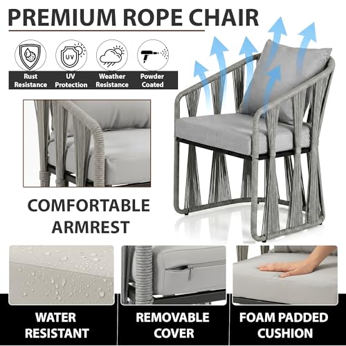 Image of BRISHI 3 Piece Outdoor Patio Furniture Set | Two Seater Woven Rope Patio Chairs with Cushions & Glass Table | All Weather Garden Balcony Conversation Set for Porch, Lawn, Poolside, Backyard (Grey)