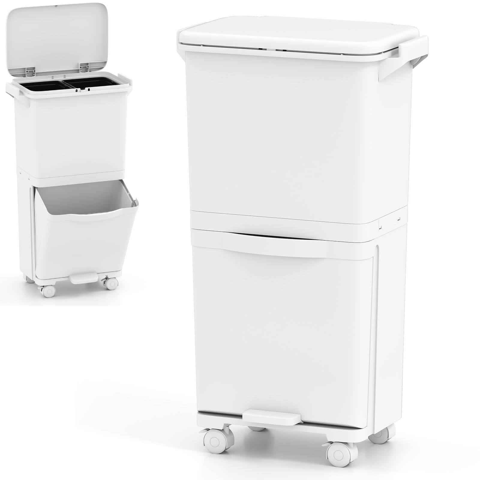 COSTWAY Recycling Bins, 40L Pedal Bin Trash Can with 3 Compartments, 2 Removable Buckets, Wheels, Classification Stickers & Handle, Vertical Waste Separation System Garbage Can (42 x 28 x 74cm, White)