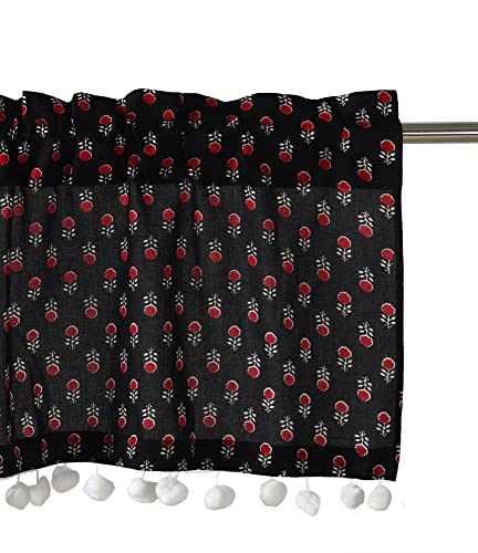 Image of Ravaiyaa - Attitude is everything Hand Printed Half Window Kitchen Curtain 100% Cotton Short Drapery Valance Curtain 40 inch X 18 inch Inch (Black Red Floral)