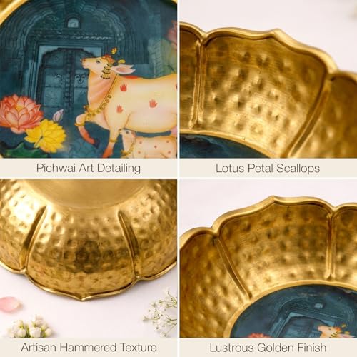 Image of Hammered Golden Lotus Urli Bowl with Sacred Cow Art | Decorative Metal Pooja Urli for Floating Flowers, Tealights & Festive Home Decor | Lotus Petal Design Centerpiece