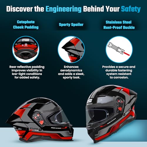 Image of STUDDS Helios ISI and DOT Certified Full Face Helmet with Antifog 100 Lens, Sporty Spoiler (Flame Blue - L)