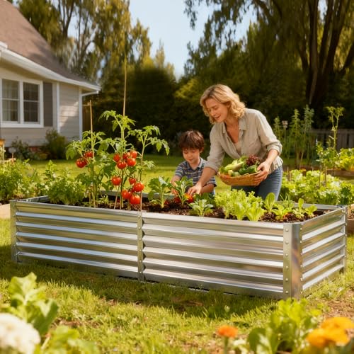 Image of NEWBULIG Galvanized Raised Garden Bed with Cover, 6x3x2ft Metal Planter Box Outdoor, Rectangular Raised Garden Planter Small Greenhouse for Vegetables Flowers Herbs, Open Bottom, Clear