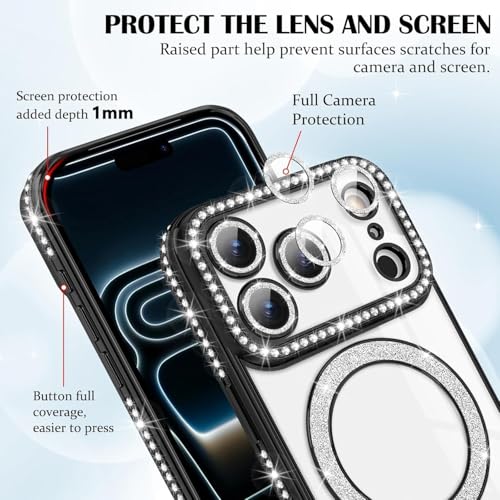 Image of for iPhone 17 Pro Max Magnetic Glitter Case,Luxury Bling Rhinestone Diamond Plated Bumper Case Sparkle Camera Lens Protection Clear Cover for iPhone 17 Pro Max (Black)