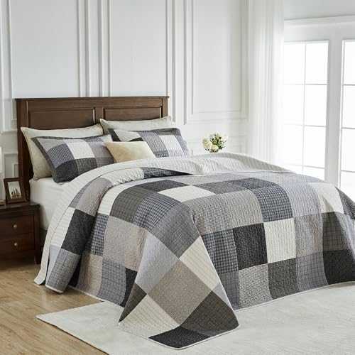 Bedduvit Oversized King Bedspreads 120"x120", 100% Cotton Modern Patchwork Plaid Extra Wide Quilts Bedding Set, Lightweight Quilt King Size, Farmhouse Coverlets Bed Spread, 3pcs, Gray/Beige/Black - image 1