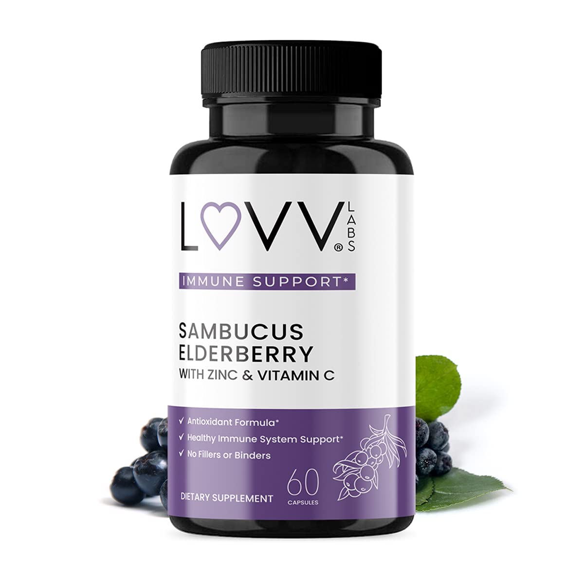 LUVV Labs Immune Boost and Support with Elderberry, Echinacea, Vitamin C, Lactobacillus Acidophilus, L-Glutamine, Turmeric, Zinc Oxide, Garlic, Vitamin E, Vitamin B6 (60)