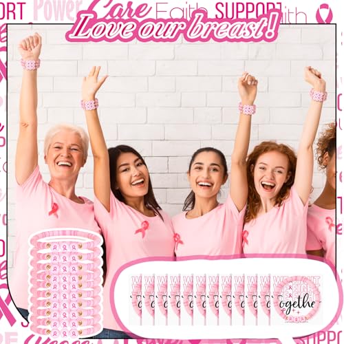 Tondiamo 24 Sets Breast Cancer Awareness Bracelets Bulk Pink Ribbon Polymer Clay Handmade Beads with We Fight Together Motivational Cards Breast Cancer Awareness Gifts Bulk for Women Party Favor4