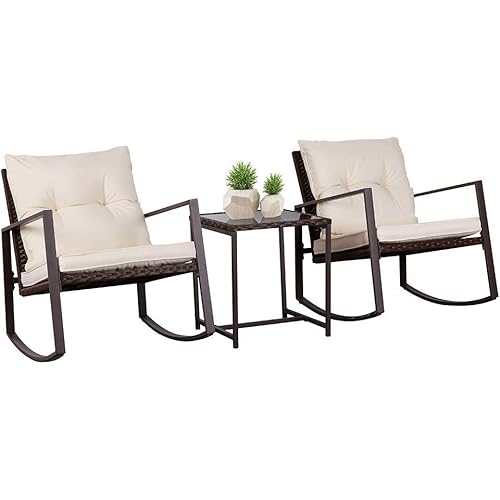 SUNCROWN 3-Piece Patio Bistro Set Outdoor Rocking Chairs Set Brown Wicker Porch Chairs with Glass Coffee Table, Beige Cushion