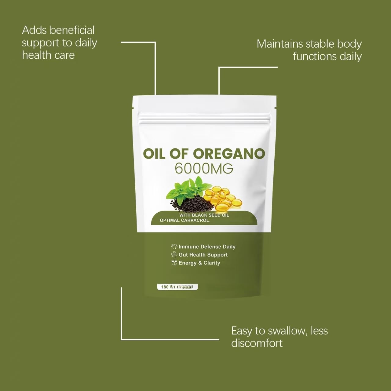 Huile d'origan à l'huile de graines noires, 6000 mg pour adultes, digestion et soutien immunitaire, 180 pièces,1PCS