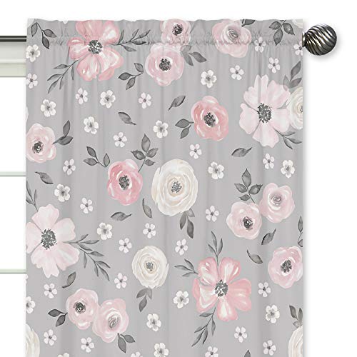 Image of Sweet Jojo Designs Grey Watercolor Floral Window Treatment Panels Curtains - Set of 2 - Blush Pink Gray and White Shabby Chic Rose Flower Farmhouse