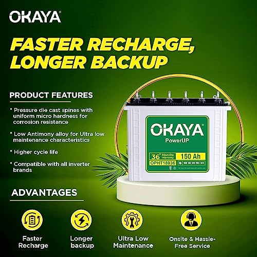 Image of OKAYA PowerUP OPHT18036 150Ah Tall Tubular Inverter Battery for Home, Office & Shops with Certified Extra Backup | Spillage Free & Low Maintenance Design | 36 Months Warranty