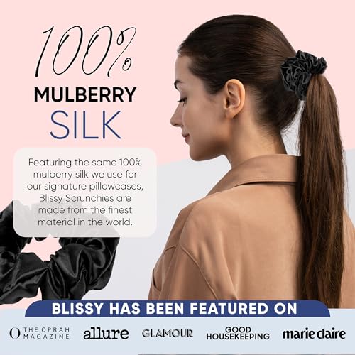 Image of Blissy Silk Scrunchies (3 Pack) - 100% Pure Mulberry Silk - 22 Momme 6A High-Grade Fibers Scrunchie for Straight & Curly Hair - Preventing Breakage, Tangling, & Creasing (Black Regular)