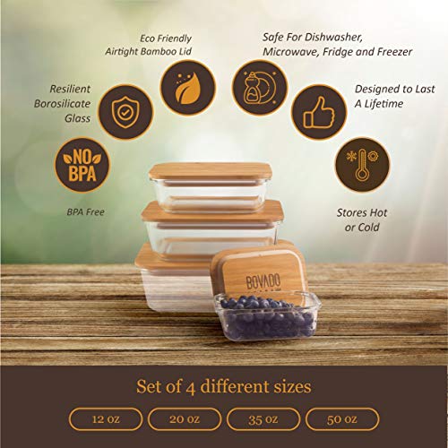 Set of 4 Rectangular Glass Food Storage Containers with Eco-Friendly Bamboo Lids | Multi-Pack Glass Bento Mixing Bowls for Meal Prep, Leftovers, Baking, Cooking & Lunch | BPA-Free Kitchen Items