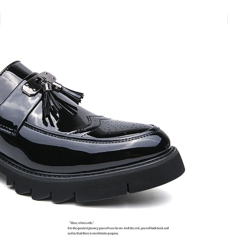 Men's Patent Leather Brogue Slip-On Platform Loafer Shoes with Tassel Fashion Round Toe Low Top Lug Sole Non-Slip Business Dress Shoes2