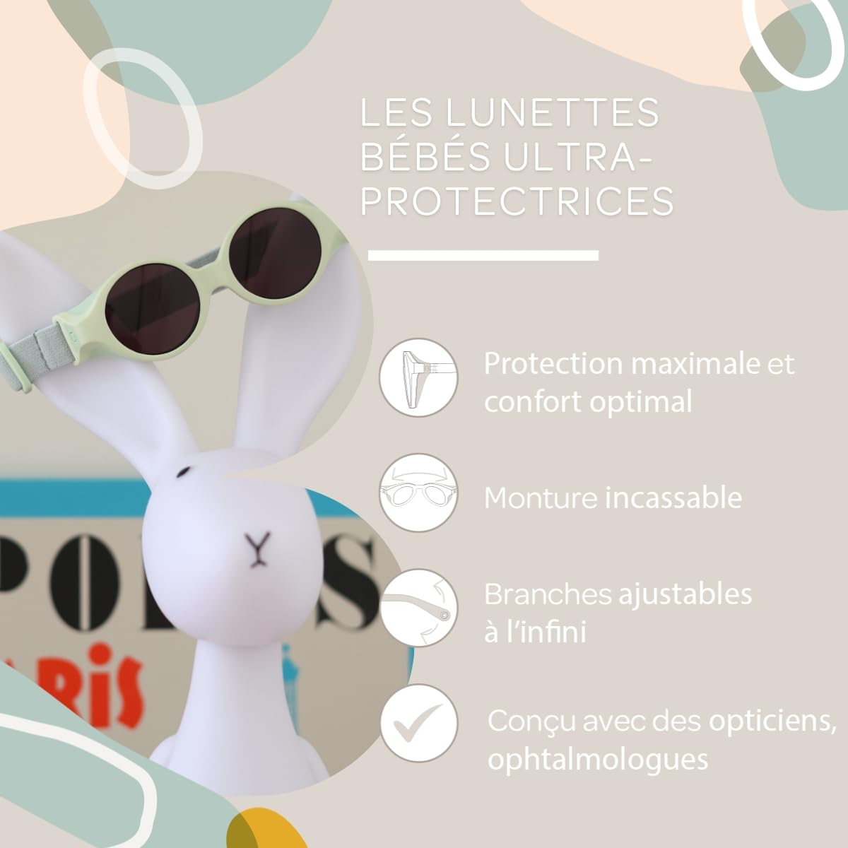 Béaba, Lunettes de soleil pour bébé 0-9 mois, Protection 100% UV - CAT 4, Protection Latérale, Confort Optimal, Bandeau élastique ajustable, Collection Glee, Menthe
