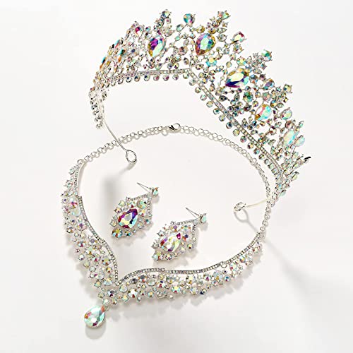 Sweetv Wedding Crown For Bride, 3-Pack Tiara Earrings Necklace, Bridal Jewelry Set, Iridescent Crystal Costume Party Birthday Prom Pageant Jewelry For Women,Multicolored #TOP3