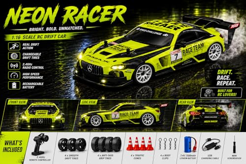 Image of 1:16 or 1 16 RC Drift Car, 2.4GHz Remote Control Racing Car, 4WD High Speed with LED Lights, Proportional Throttle, Extra Drift Wheels for Kids (Neon Green & Black)