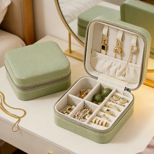1 caixa de joias de couro sintético verde, mini organizador de joias de viagem, com zíper e compartimentos multigrade, para amantes da natureza, brincos, anéis de armazenamento e presente