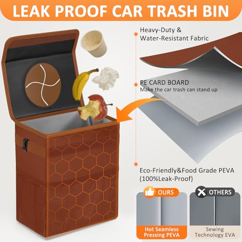 Image of Vankor Car Trash Can for Car Cute, Car Trash Bag Bin Hanging Waterproof Automotive Car Garbage Cans Leak Proof Vehicle Trash Can Brown