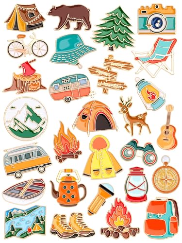 Image of JUNEBRUSHS 28 pcs Camping Enamel Funny Outdoors Adventure Brooch Pins Lapel Pins for Camping Adventure Birthday Party Decorations Gift Supplies Clothes Backpacks Decor Accessories