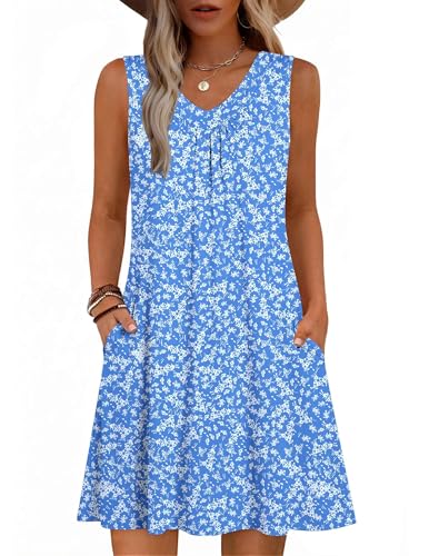 Image of Zeagoo Summer Dresses for Women 2026 Sleeveless Dress V Neck Tank Dress Pleated Floral Tshirt Sundresses with Pockets