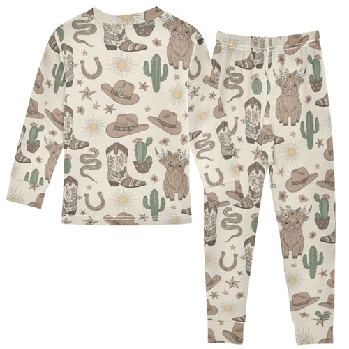 Pajama Sets Long Sleeve Western Boots Highland Cattle Soft Comfy Sleepwear 2 Piece PJS 3-8T3