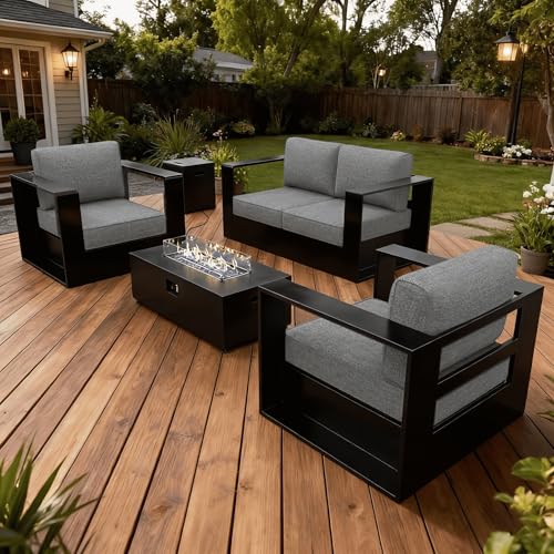 Image of LayinSun Oversized Aluminum Outdoor Furniture Set, 4 Piece Patio Sofa Sets with Fire Pit Table, Deep Seating and Upgraded 6-inch Cushions for Porch, Balcony, Deck