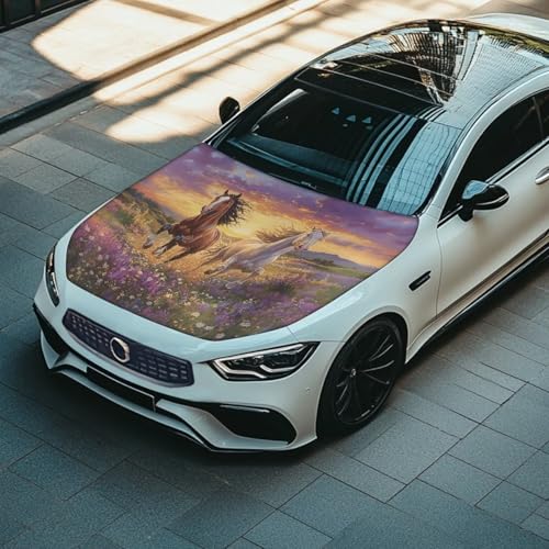 Image of Car Hood Cover,Outdoor Decoration Car Hood Cover Protector Suitable Most Automotive Sedans Trucks Pickup Sports Cars,Car Accessories Horse Purple Flower Design