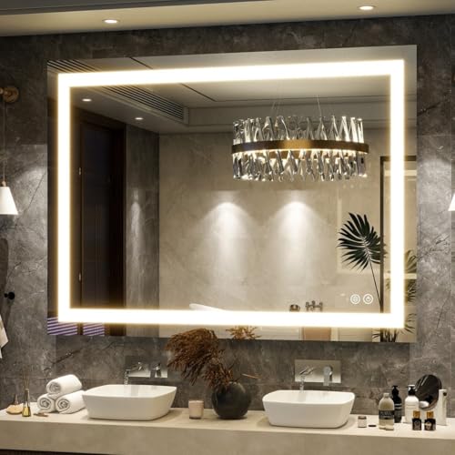 Image of LED Bathroom Mirror with Front Light | 3 Color Modes, Dimmable, Defogger & Memory Function | Modern Vanity Wall Mirror (60X90 CM)