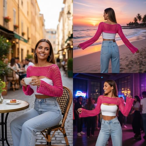 Image of Womens Crochet Shrug Y2K Hollow Out Bolero Shrug See Through Cropped Knit Sweater Top