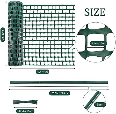 Plastic Garden Fencing Roll Safety Construction Outdoor Mesh Fence Garden Netting 2 Feet x 50 Feet 1.2 Inch Mesh with 15 Pcs Coated Iron Wire Support Stakes 100 Pcs Cable Ties for Gardening (Green)