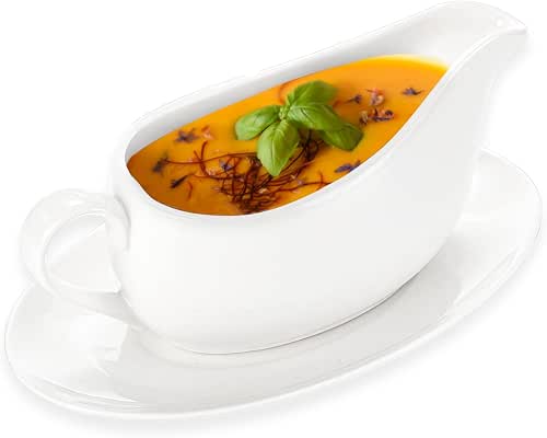 Cheardia 14 oz Gravy Boat with Tray, White Ceramic Sauce